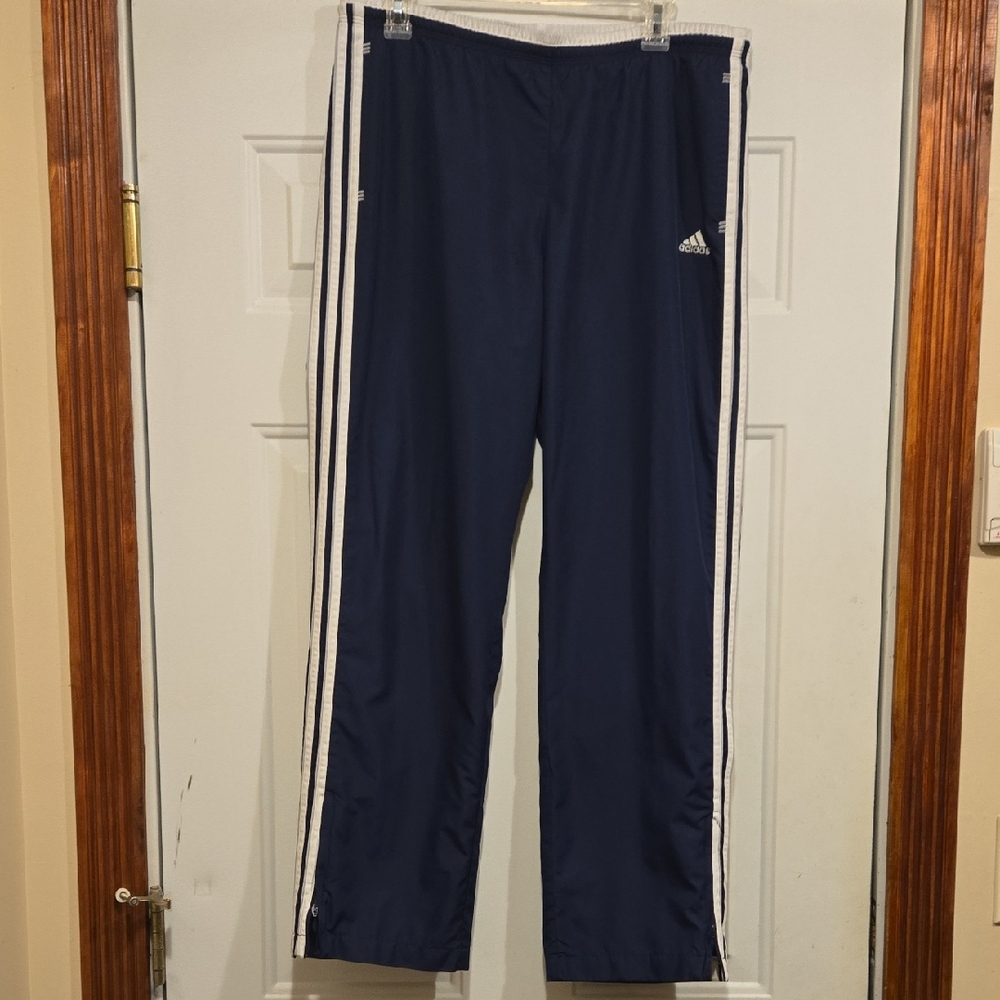 Adidas Mens Vintage Y2K Windbreaker Pants Navy Blue White Stripes Medium